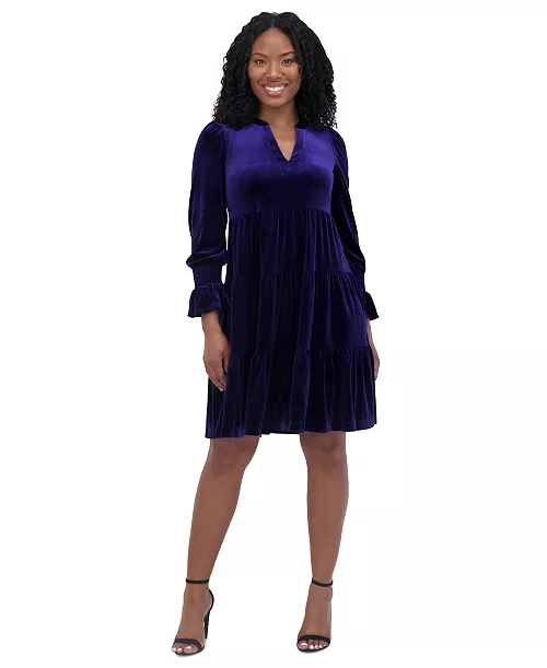 women's velvet smocked-sleeve flounce-hem dress