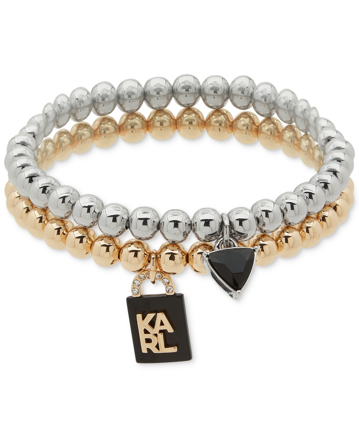 Karl Lagerfeld Two-tone 2-pc. Set Logo Lock Charm Beaded Stretch Bracelets In Rhodium