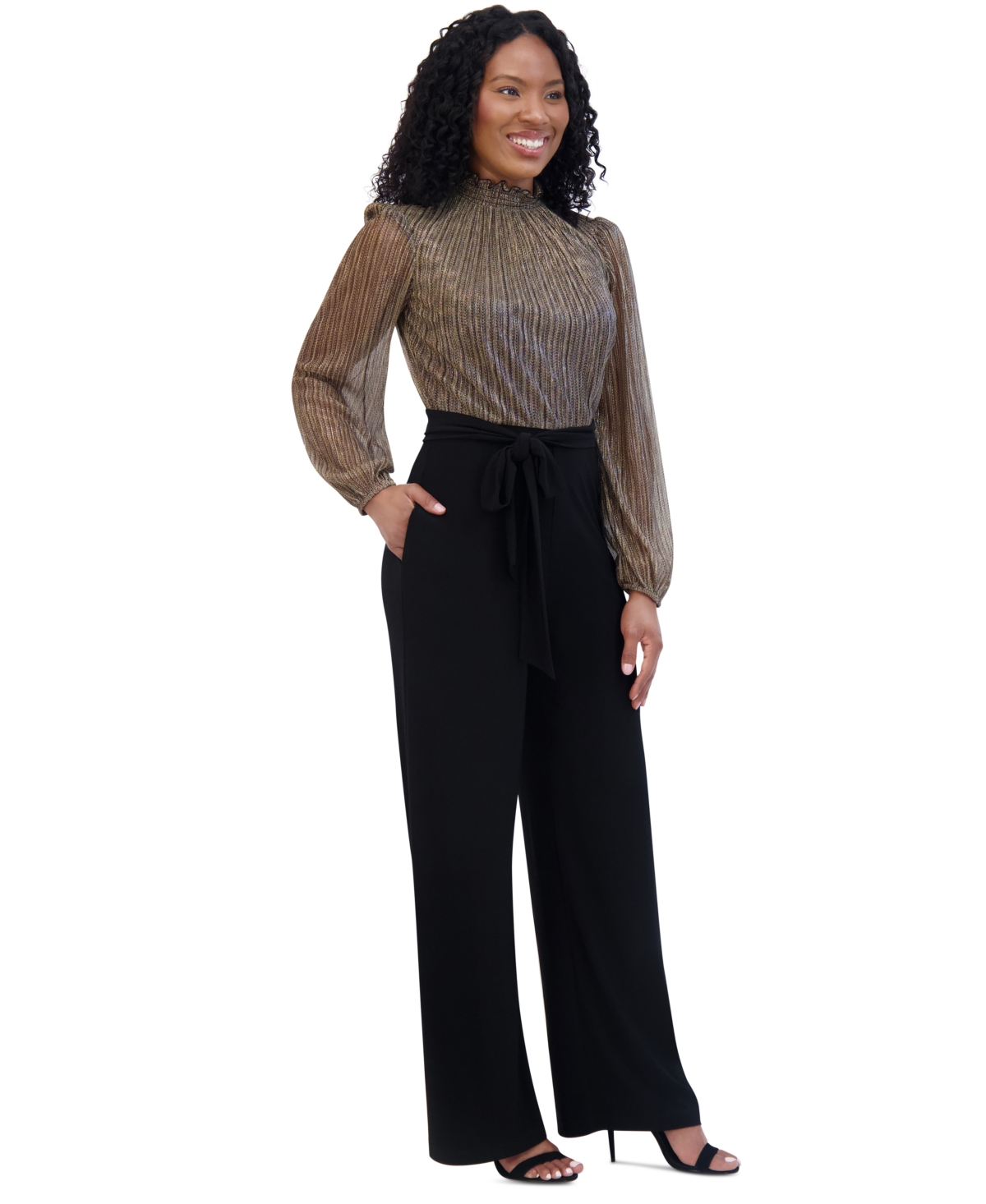 Jessica Howard Women's Mock-Neck Puff-Sleeve Belted Jumpsuit