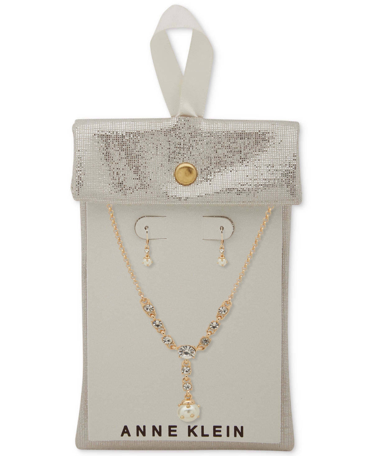 Anne Klein Gold-Tone Crystal & Studded ImitationLariat Necklace & Drop Earrings Set - Pearl