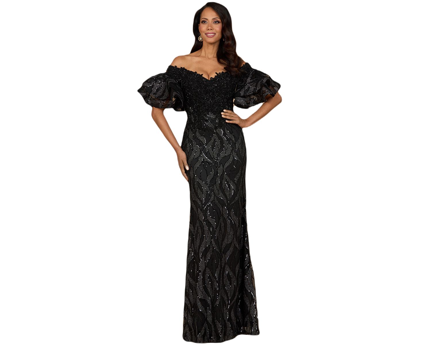 Women's Off Shoulder Mermaid Beaded Gown with Tiered Sleeves