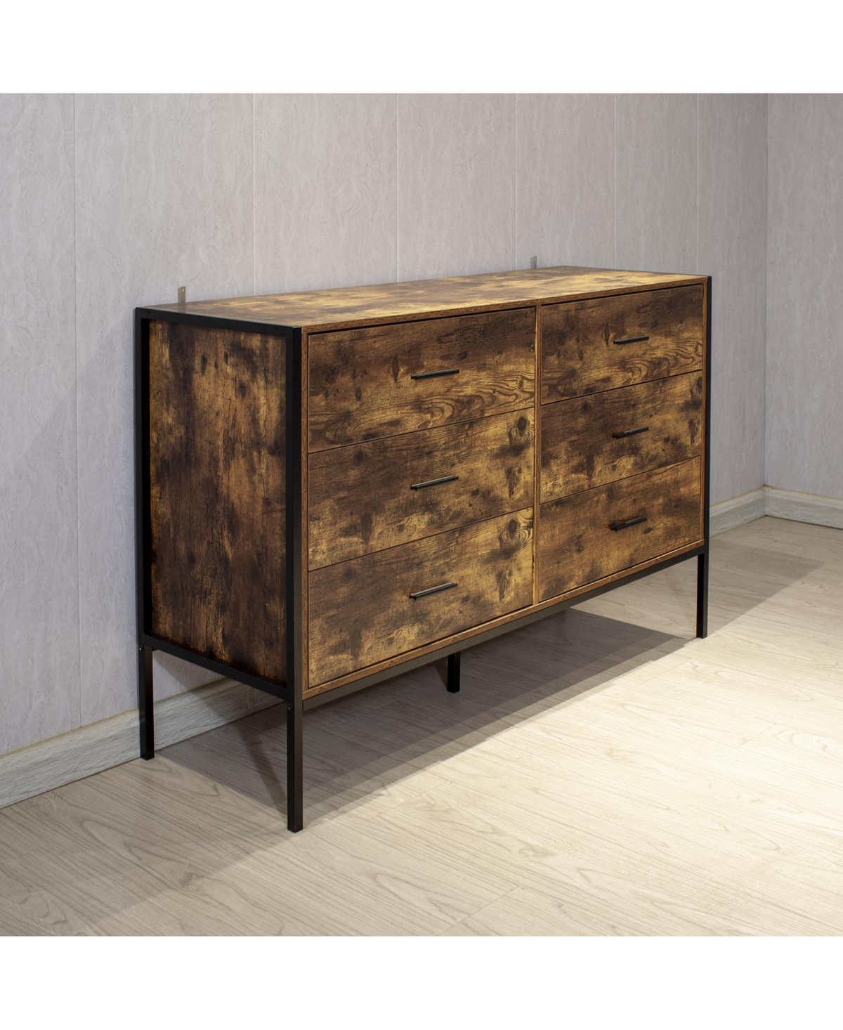 Slickblue Industrial Style 6-Drawer Double Dresser – Rugged and Modern Storage - Brown