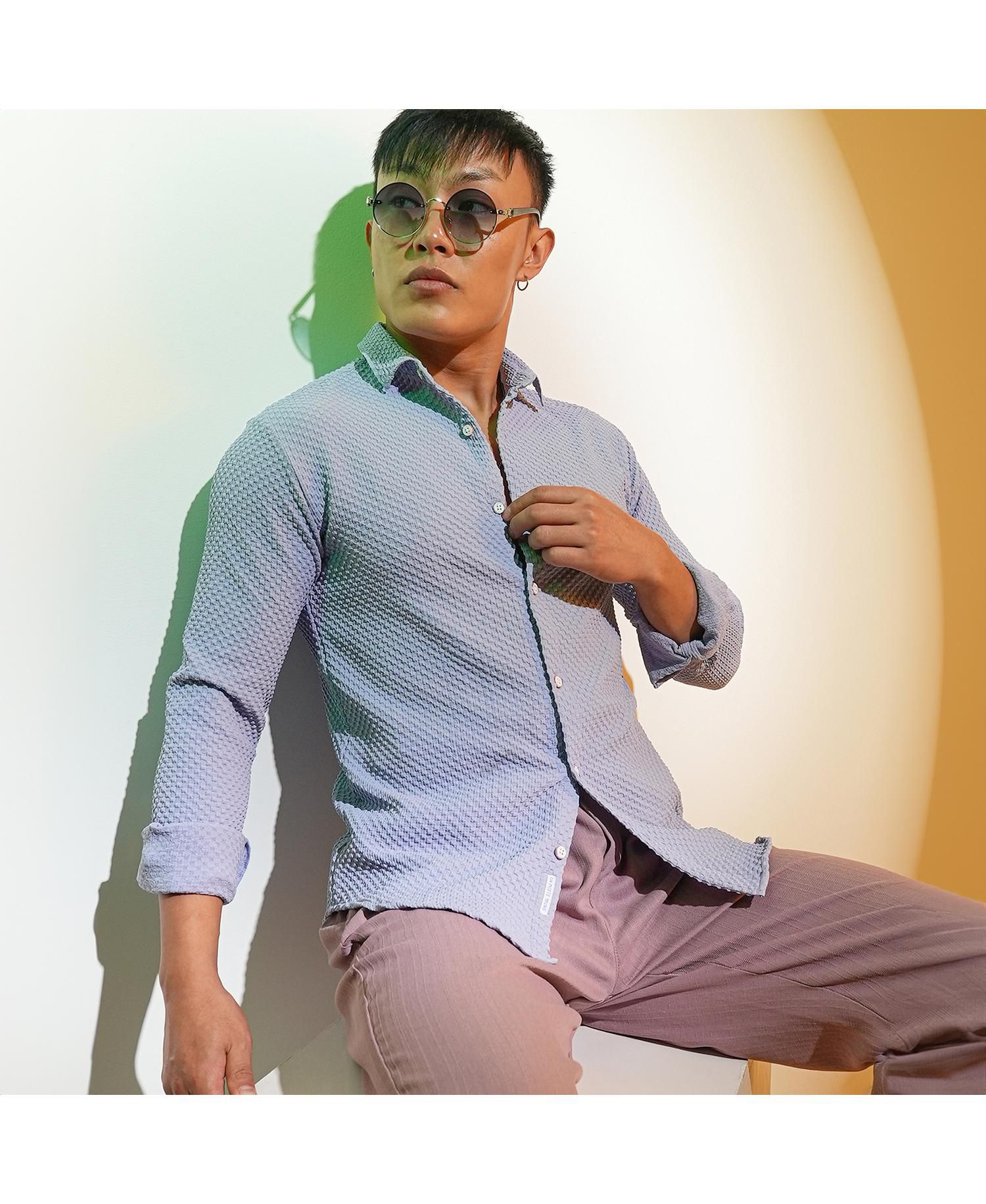 Men's Icy Blue Embossed Micro Check Shirt