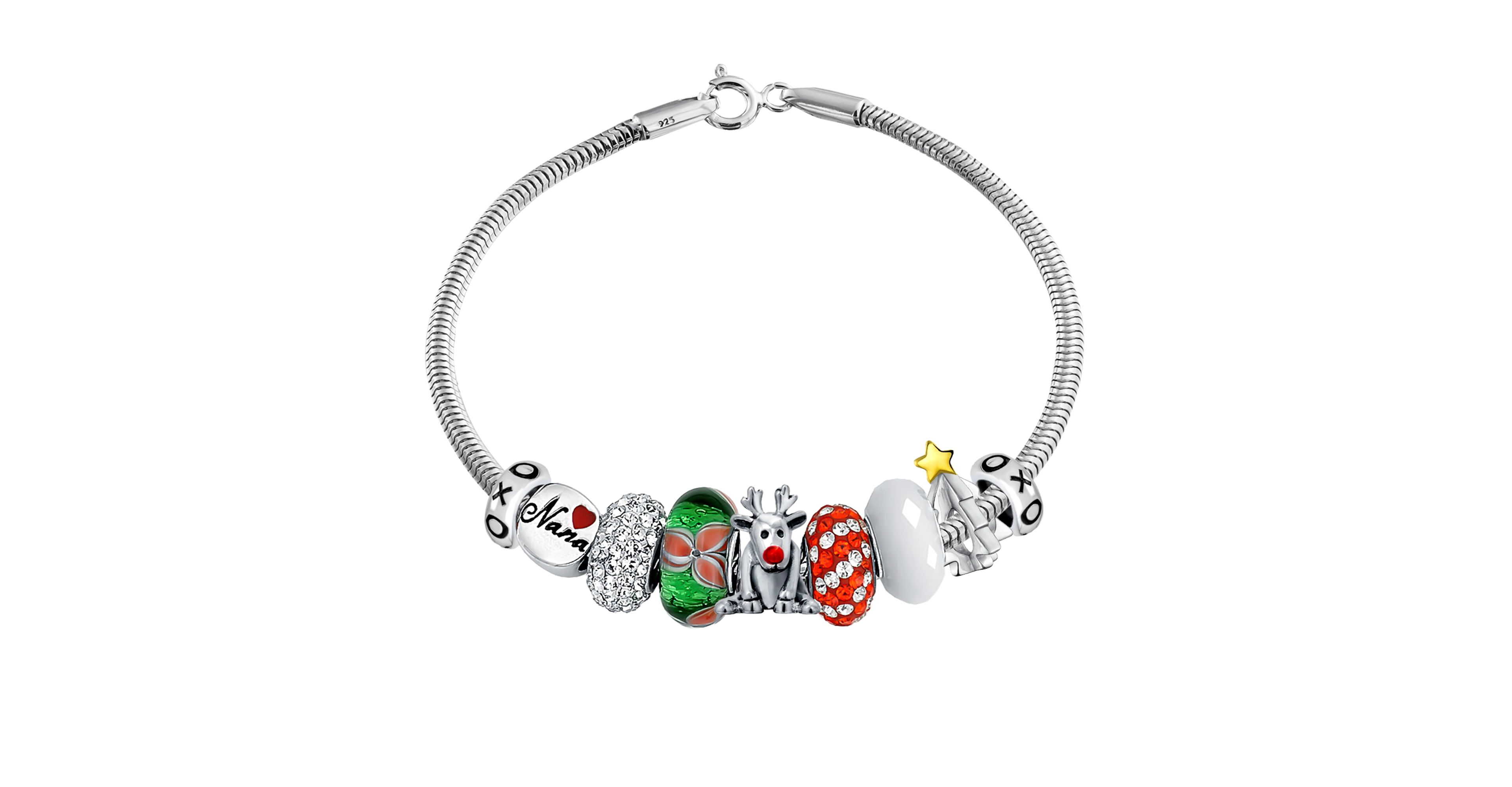 Bling Jewelry Christmas Holiday Rudolph Reindeer Nana Theme European Bead Charm Bangle Bracelet For Women Sterling Silver Barrel Clasp