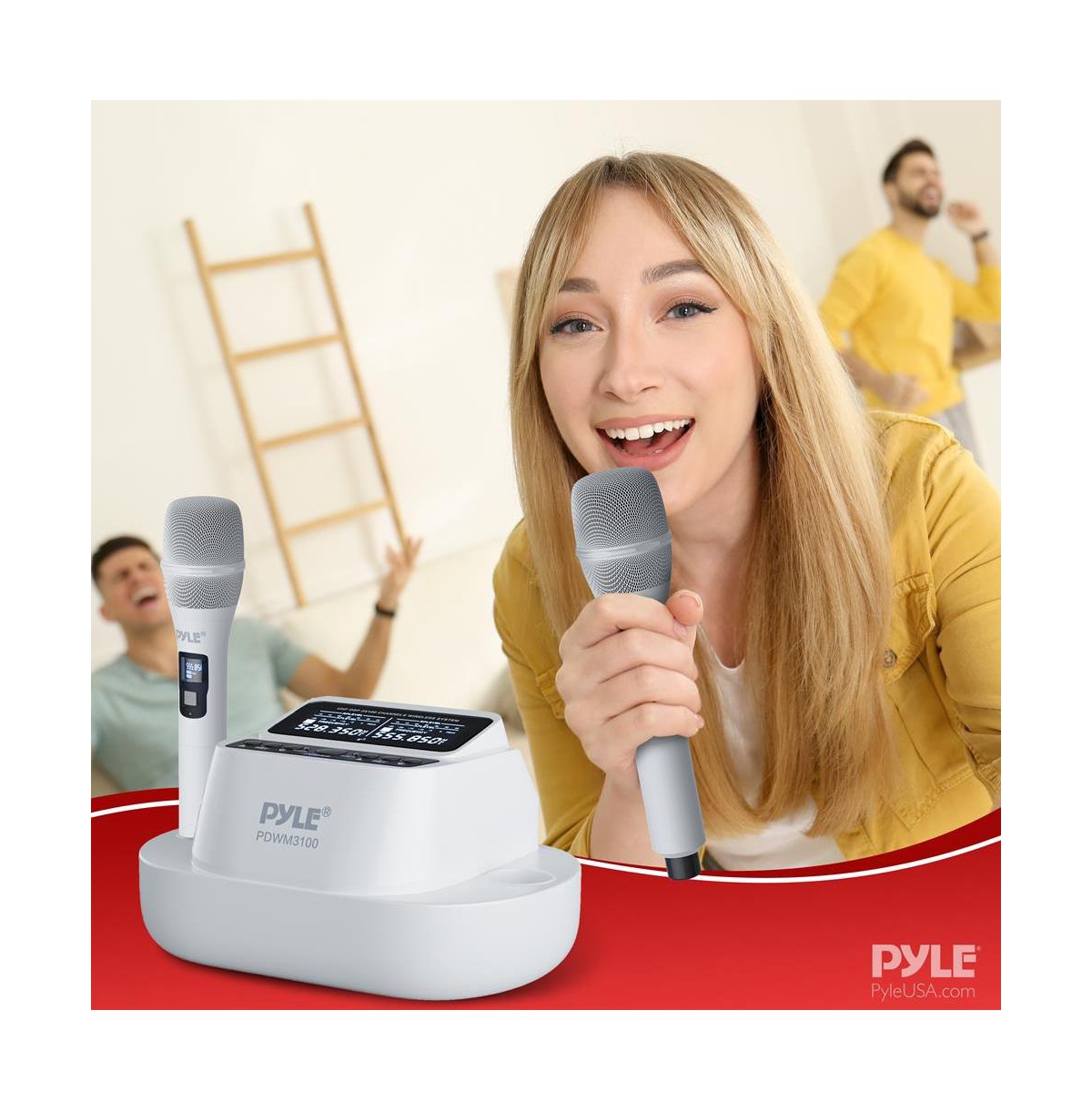 Pyle Uhf Wireless Microphone System, 2 Usb Rechargeable Handheld Mics, Fixed Frequency