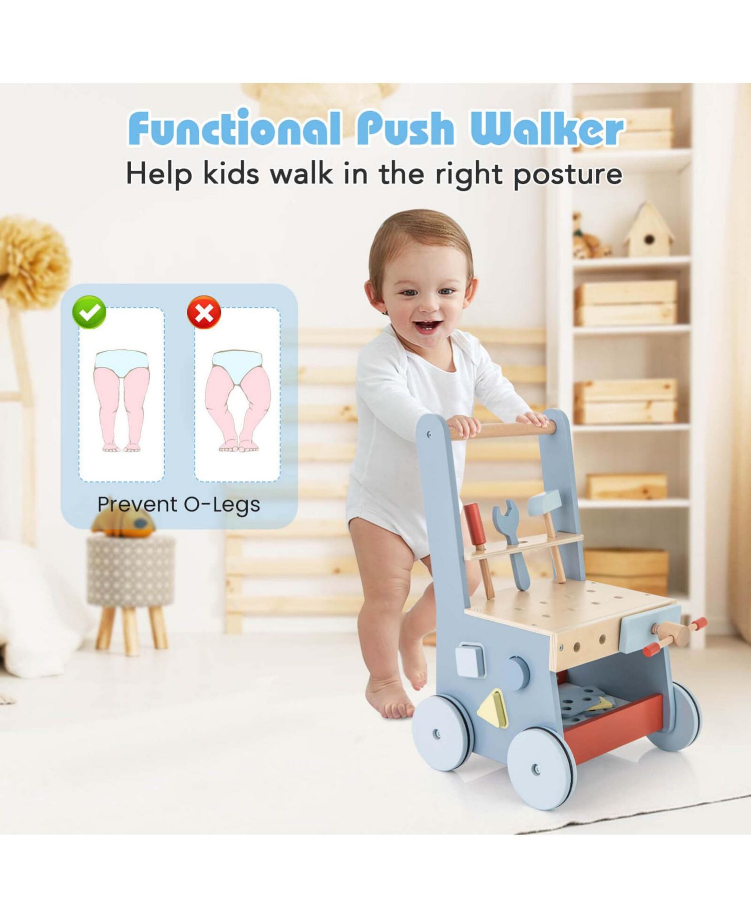 2-in-1 Wooden Baby Push Walker with Multi-Activity Center Bottom