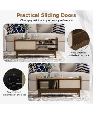 39.5" Rectangular Coffee Table with Sliding Weaving Doors – Wood Center Table
