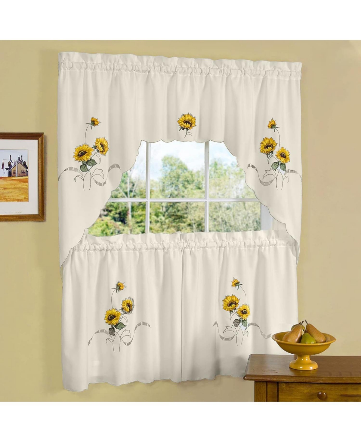 3 Piece Light Beige Country Farmhouse Sunflowers Kitchen Curtain Tier And Valance Set - 58 in. W x 36 in. L - Beige