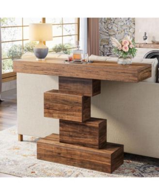 Farmhouse Console Table, 42.5-Inch Narrow Wood Sofa Table Behind Couch with Geometric Base, Industrial Entryway Accent Table