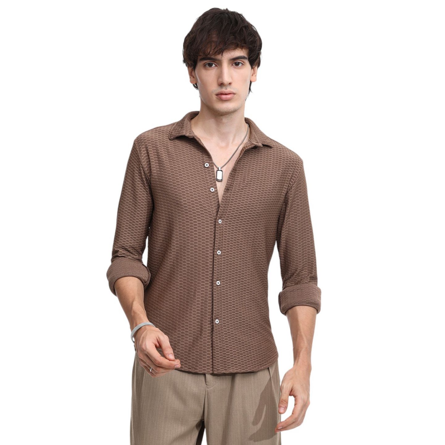 Мужская рубашка Cahoot Mocha Brown Hive-Textured, цвет: Коричневый — фото 1