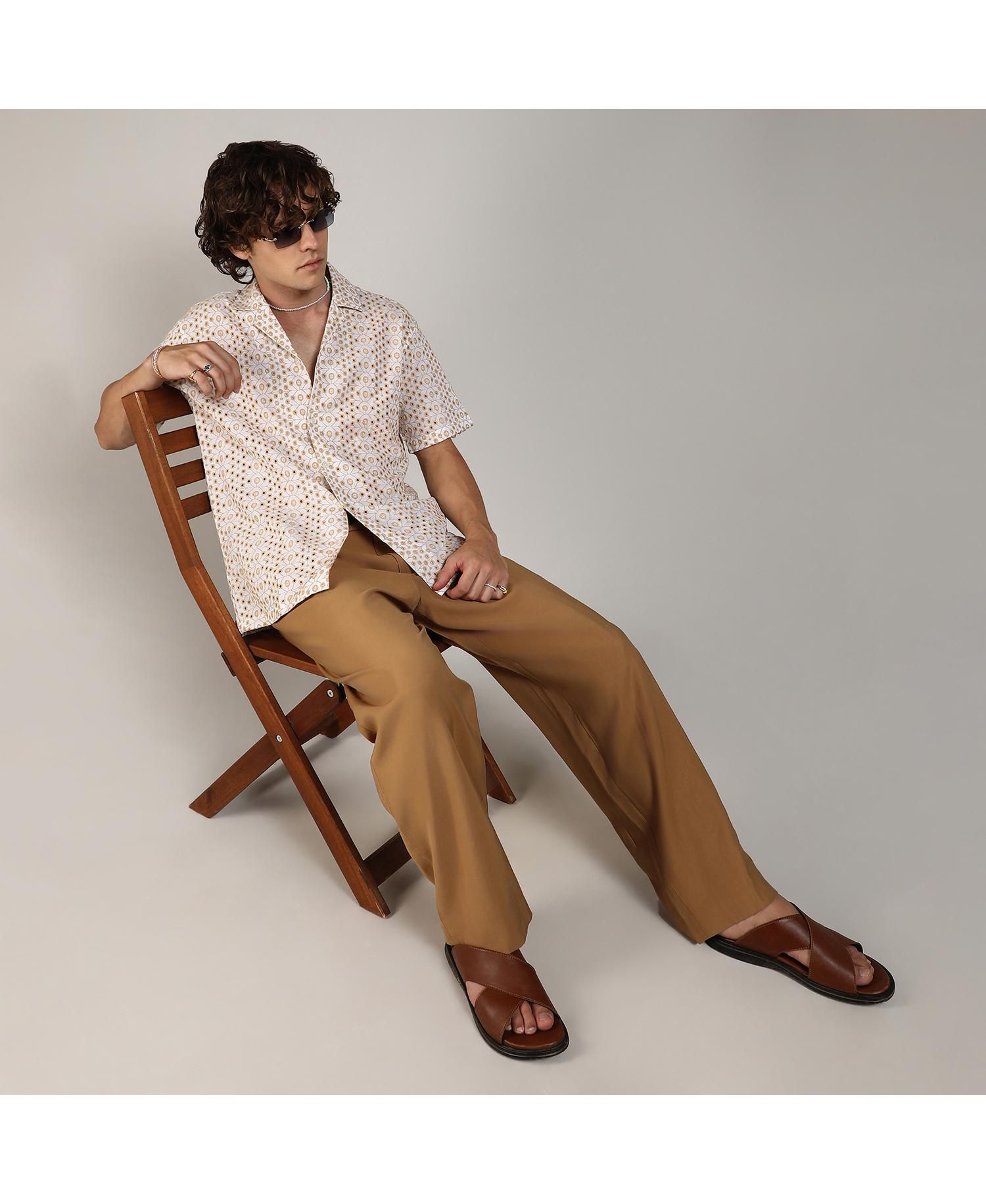 Men's Off-White & Tan Brown Embroidered Circular Shirt