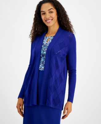 Kasper - Women's Pointelle Open-Front Long-Sleeve Cardigan