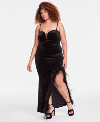 B Darlin - Trendy Plus Size Velvet Feather-Trim Gown