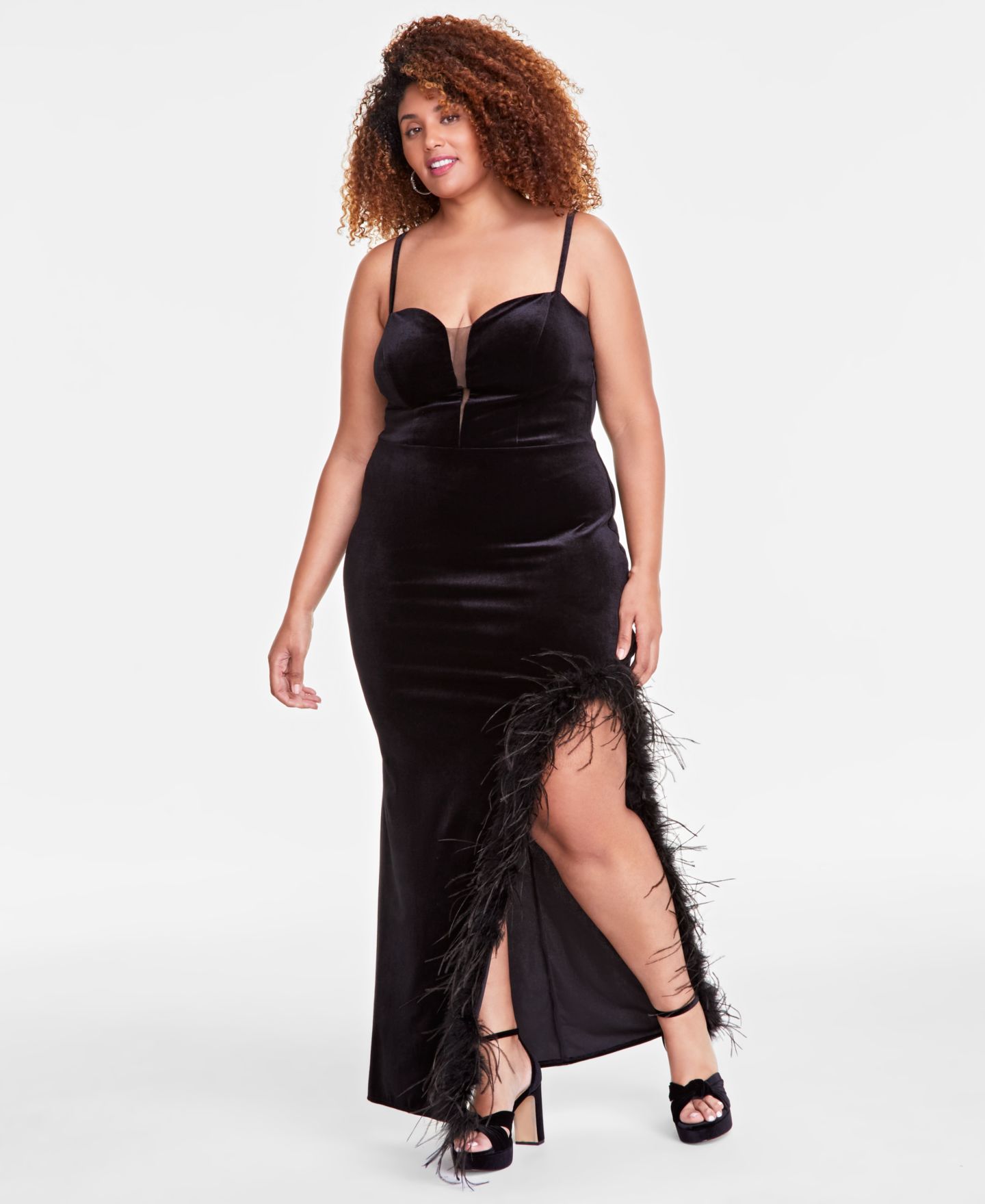 Женское платье B Darlin Trendy Plus Size Velvet Feather-Trim Gown, цвет: Чёрный — фото 1