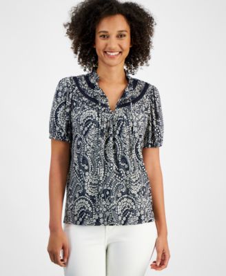 Nautica Jeans - Women's Printed Tie-Neck Puff-Sleeve Top