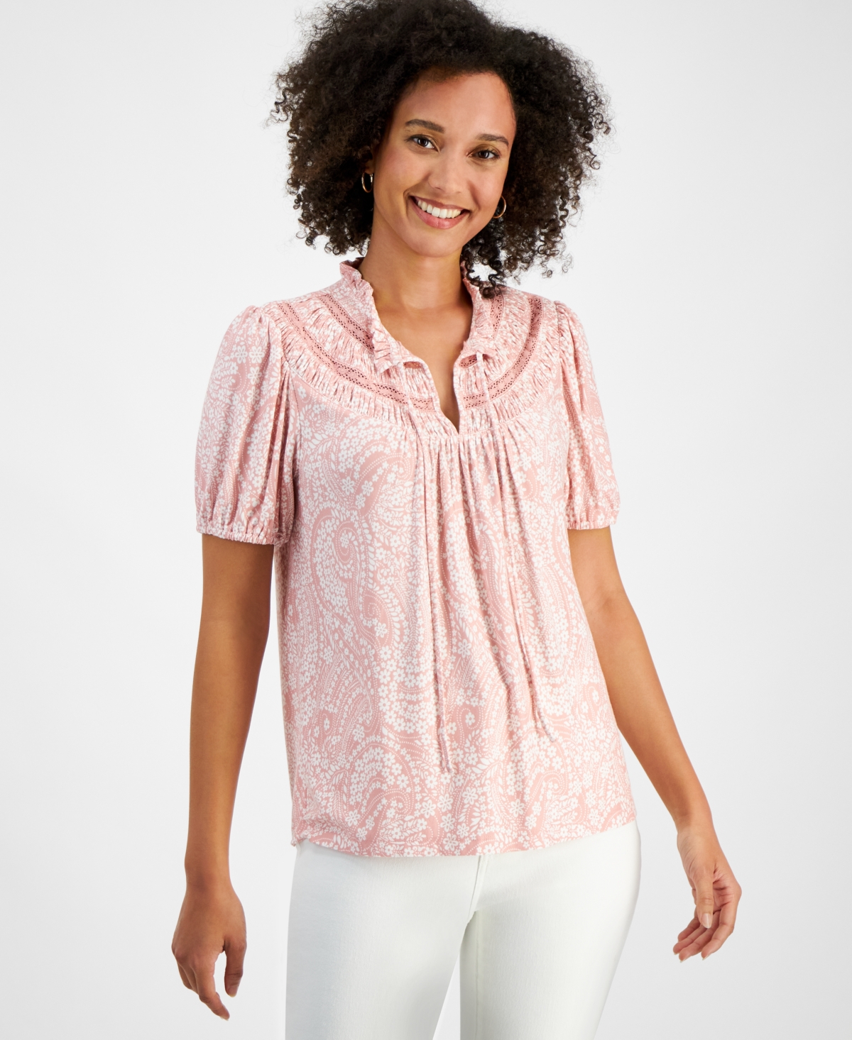 Women's Printed Tie-Neck Puff-Sleeve Top - Pink