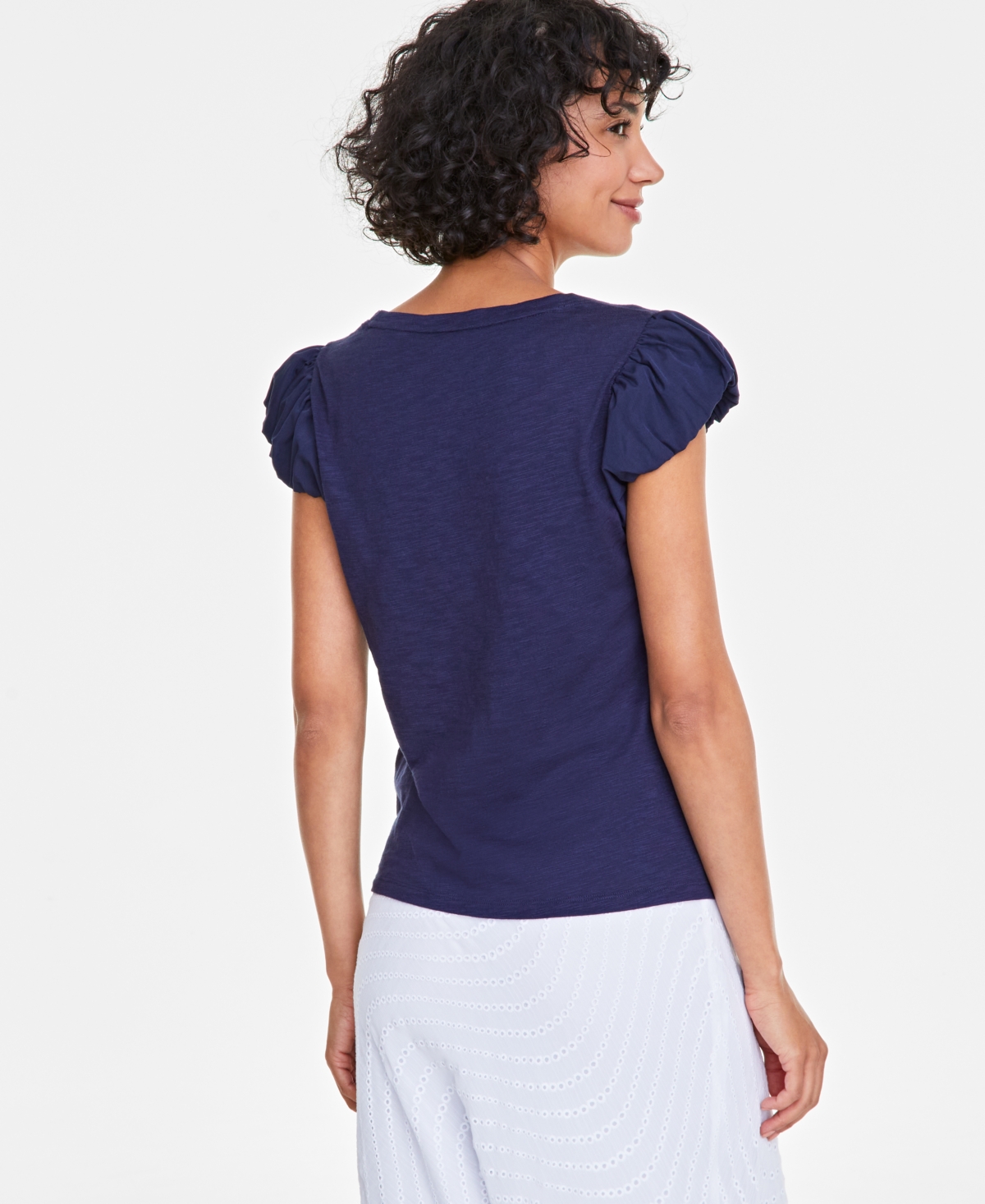 On 34th Women's Bubble-sleeve Scoop-neck T-shirt, Created For Macy's In Intrepid Blue
