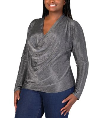Plus Size Cowl Neck Long Sleeve Shimmery Top