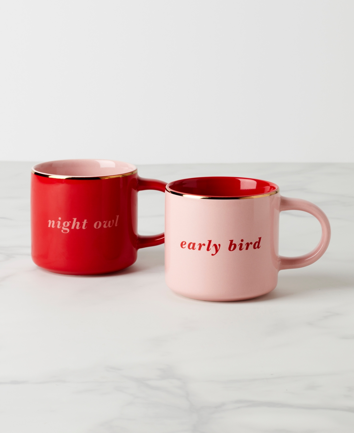 Kate Spade Early Bird Night Owl Mugs, Set Of 2 In Pink And Red