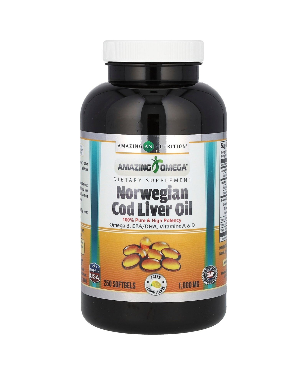 Amazing Omega Norwegian Cod Liver Oil Lemon 1 000 mg - 250 Softgels
