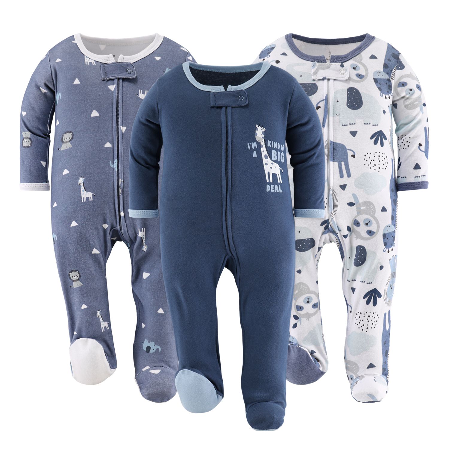 Baby Boys Blue Safari Footed Sleepers for Boys, 3 Pack