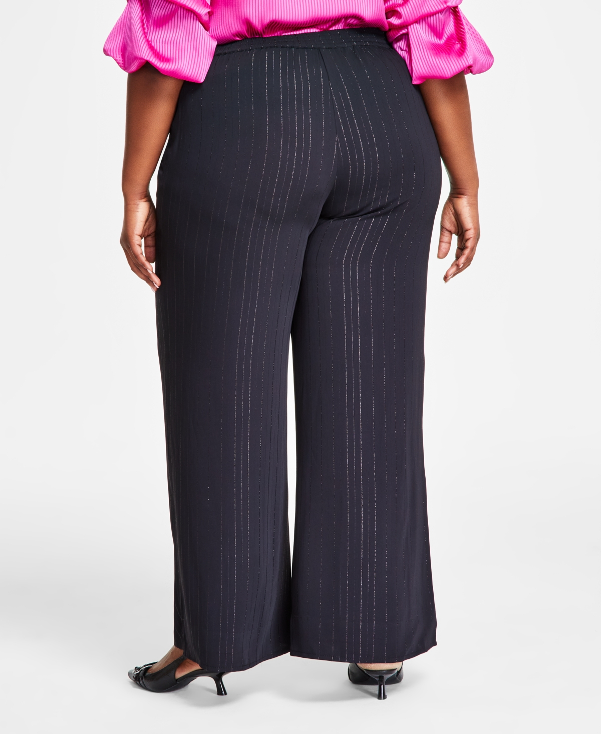 Shop Vince Camuto Plus Size Striped Pull-on Wide-leg Pants In Rich Black