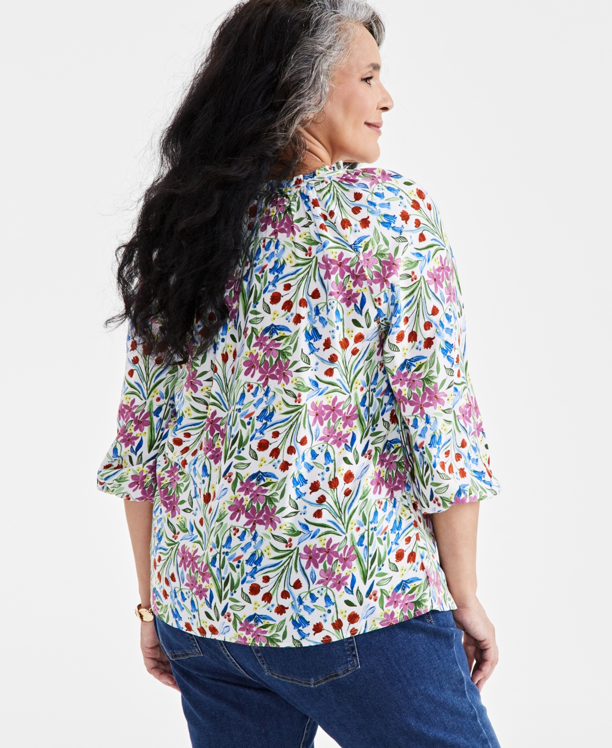 Style & Co Plus Size Printed Blouson-Sleeve Blouse, Created for Macy's