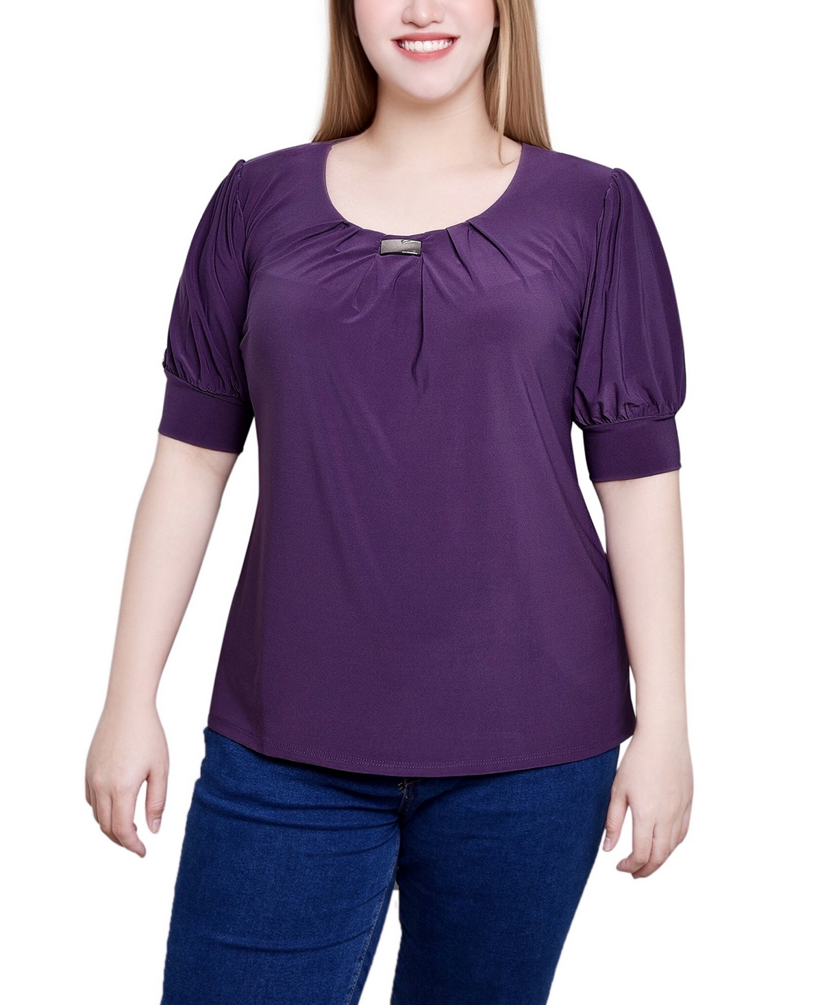 Women's Short Balloon Sleeve Top with Hardware - Chinese Red