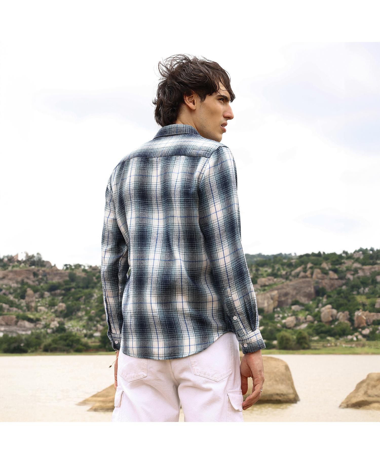 Men's Navy Blue & Ivory White Ombre Buffalo Check Shirt