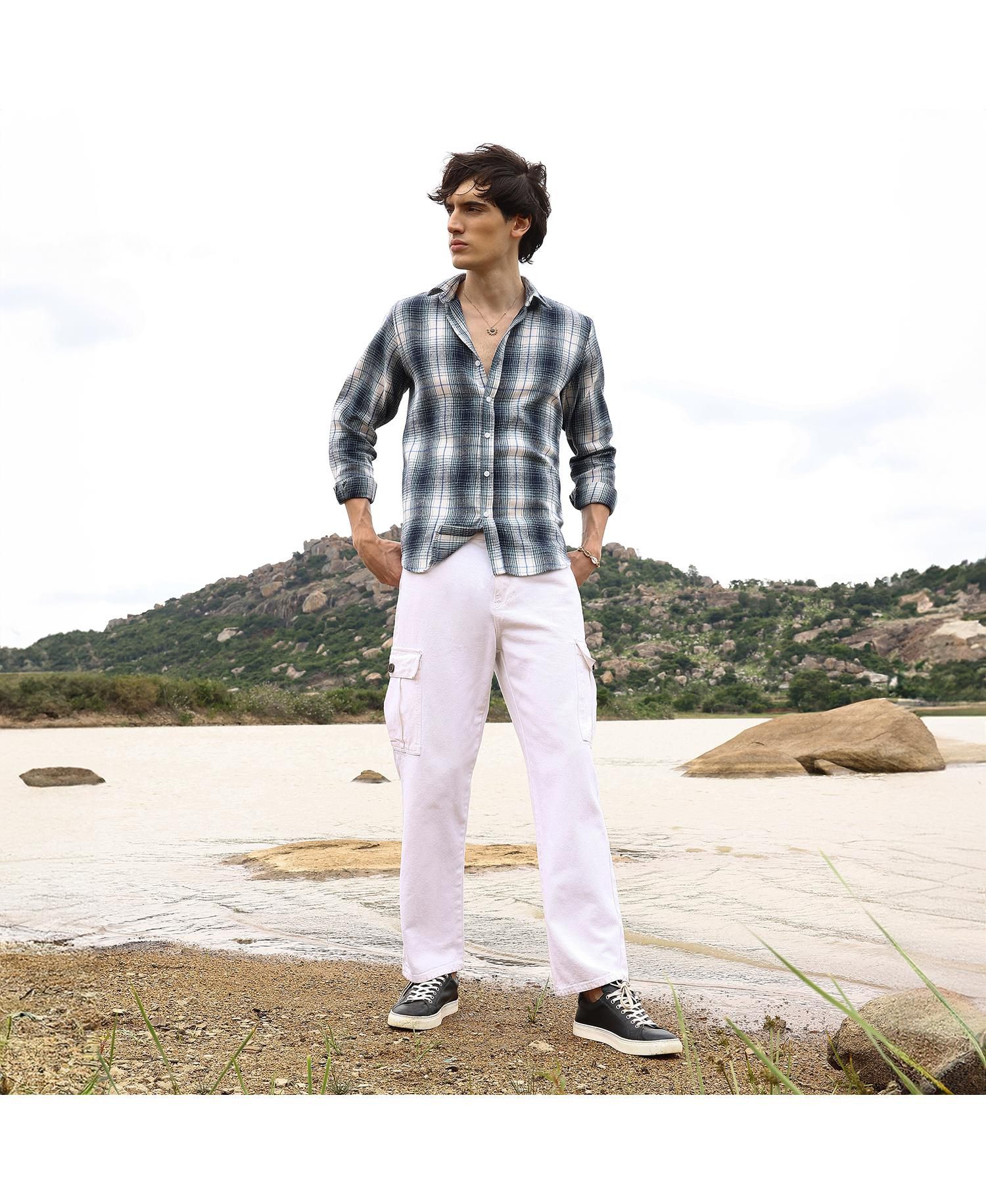 Men's Navy Blue & Ivory White Ombre Buffalo Check Shirt