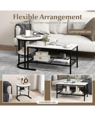 Nesting Coffee Table Set of 2 Faux Marble Top Detachable w/ Storage Shelf Gold