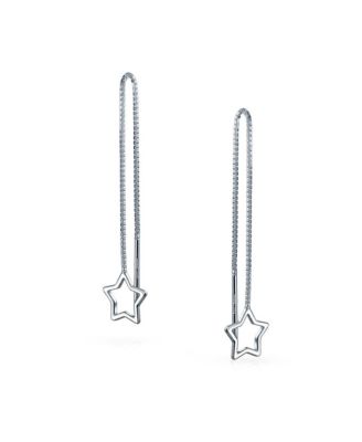 Celestial Open Star Linear Long Chain Threader Earrings .925 Sterling Silver U Stabilizer Hook