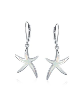 Nautical Aquatic Tropical Beach Vacation Iridescent Created Opal Inlay Starfish Dangle Drop Lever back Earrings Sterling Silver