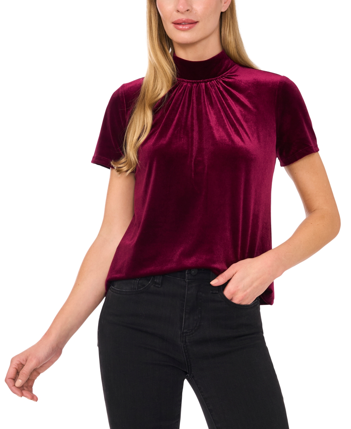 Women's Velvet Mock-Neck Tie-Back Short-Sleeve Top - Majestic Wine