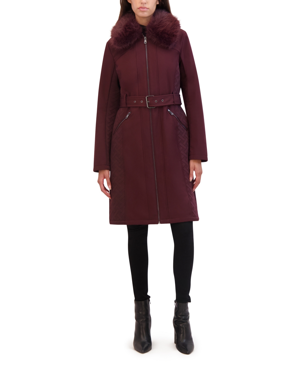 Women's Belted Soft Shell Coat - Burgundy