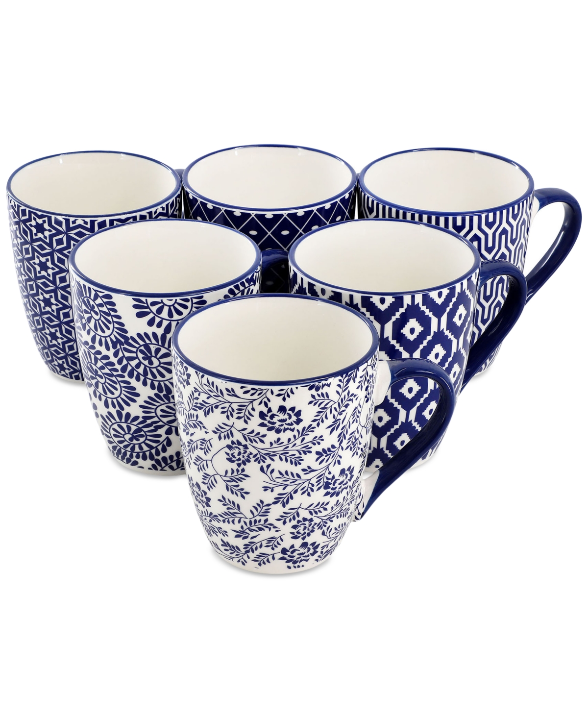 Stoneware Assorted Mugs, Set of 6 - Blue And White