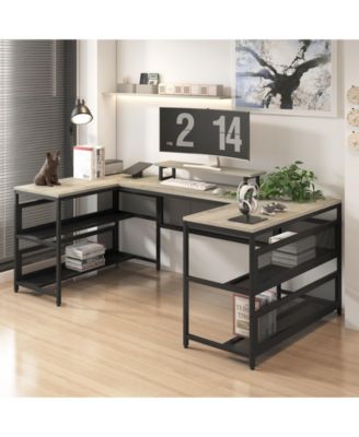 U-Shaped Desk with Shelves and LED Lights – Modern and Functional Workspace