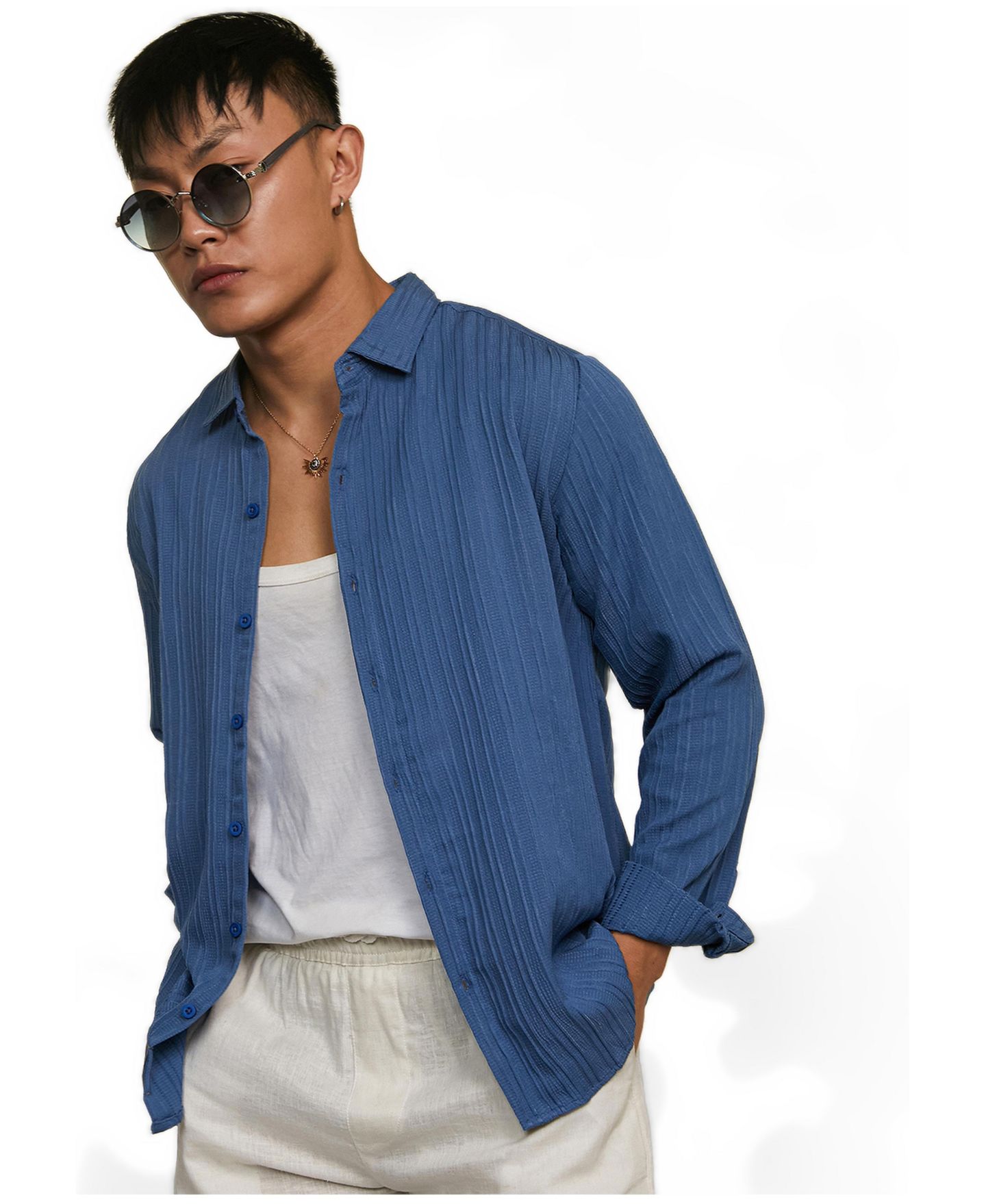 Мужская рубашка Cahoot Campus Sutra Lapis Blue Self-Design Striped, цвет: Синий — фото 3