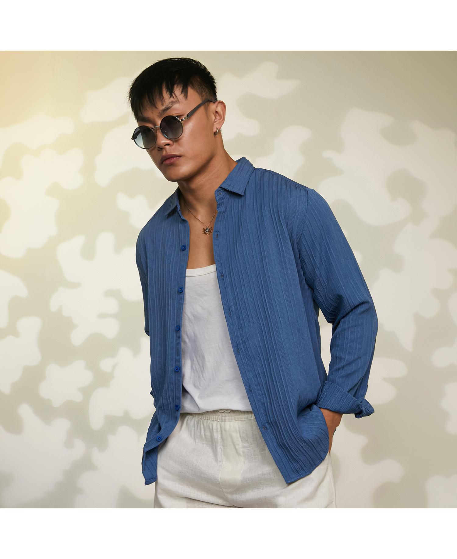Men's Lapis Blue Self-Design Striped Shirt