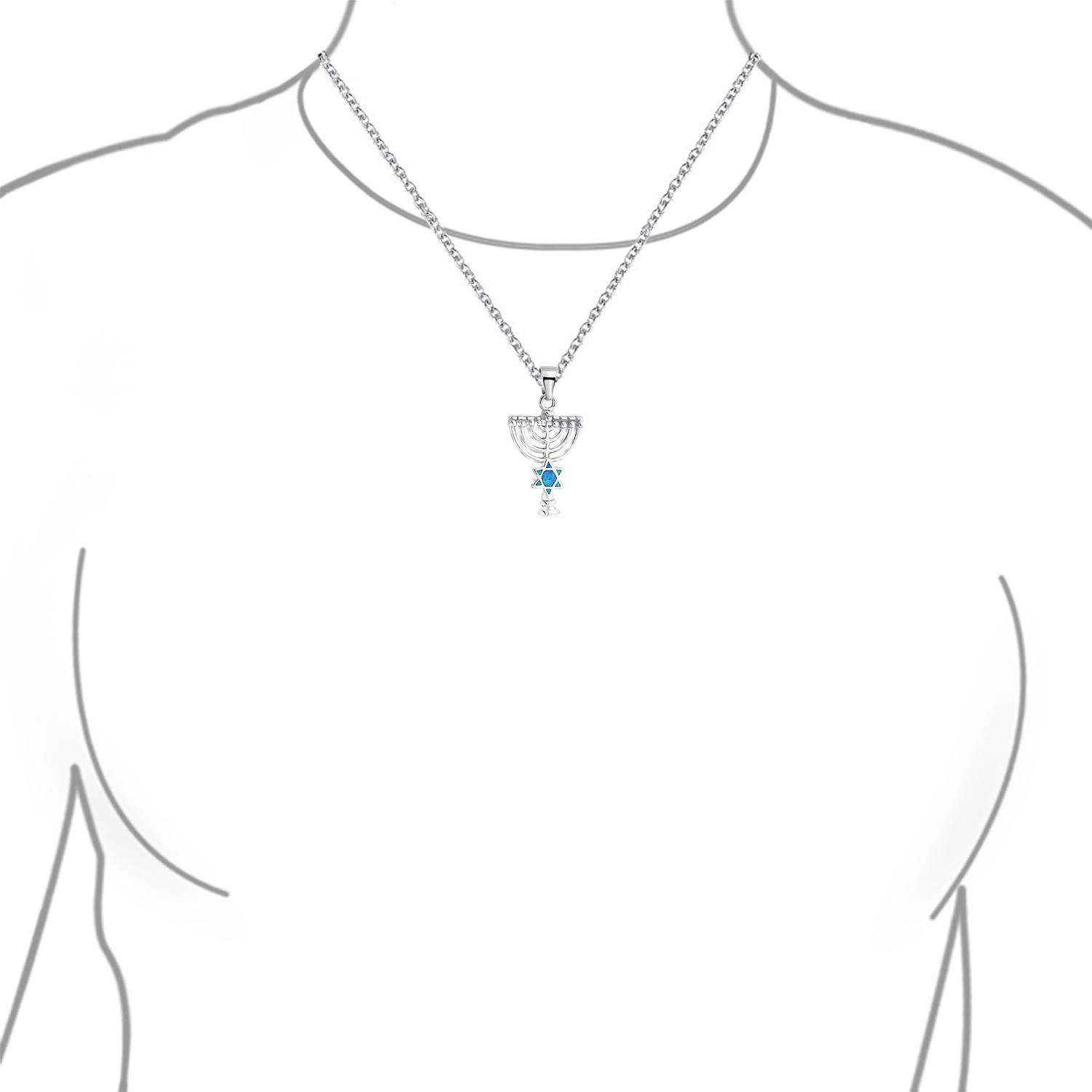 Created Opal Judaica Star of David Menorah Pendant Necklace Sterling Silver