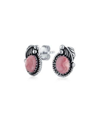 Native American Style Stabilized Oval Bezel Leaf Rope Edged Stud Earrings Western Jewelry Oxidized .925 Sterling Silver