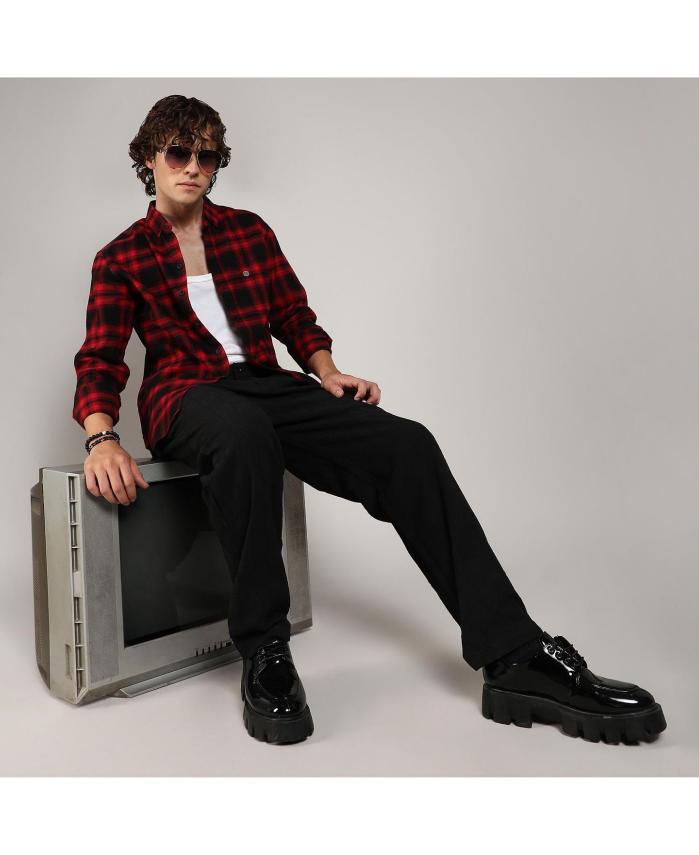 Мужская рубашка Cahoot Campus Sutra Midnight Black & Scarlet Red Brushed Buffalo Check, цвет: Чёрный — фото 3