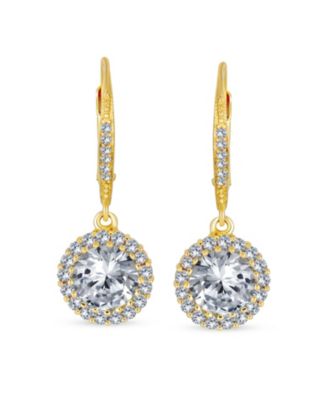 3Ct Cubic Zirconia Round Solitaire CZ Halo Dangle Drop Lever back Earrings .925 Sterling Silver
