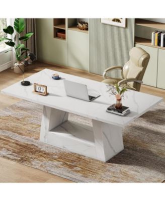 Modern Computer Desk, 63-Inch Large Office Desk, Simple Style Executive Desk Study Table with Sturdy Base, Wooden Faux Marble Writing Desk