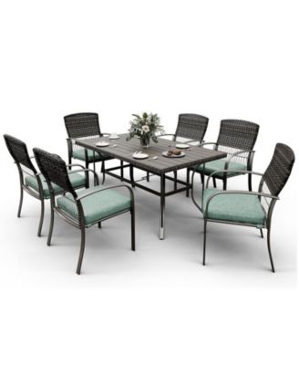 Brown 5-Piece PE Wicker Outdoor Dining Set with Green Cushions