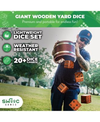 Yardzee, Farkle & 20+ Games - Light-Weight Yard Dice Game Set (All Weather) with Wood Bucket, 5 Score Cards, and Marker
