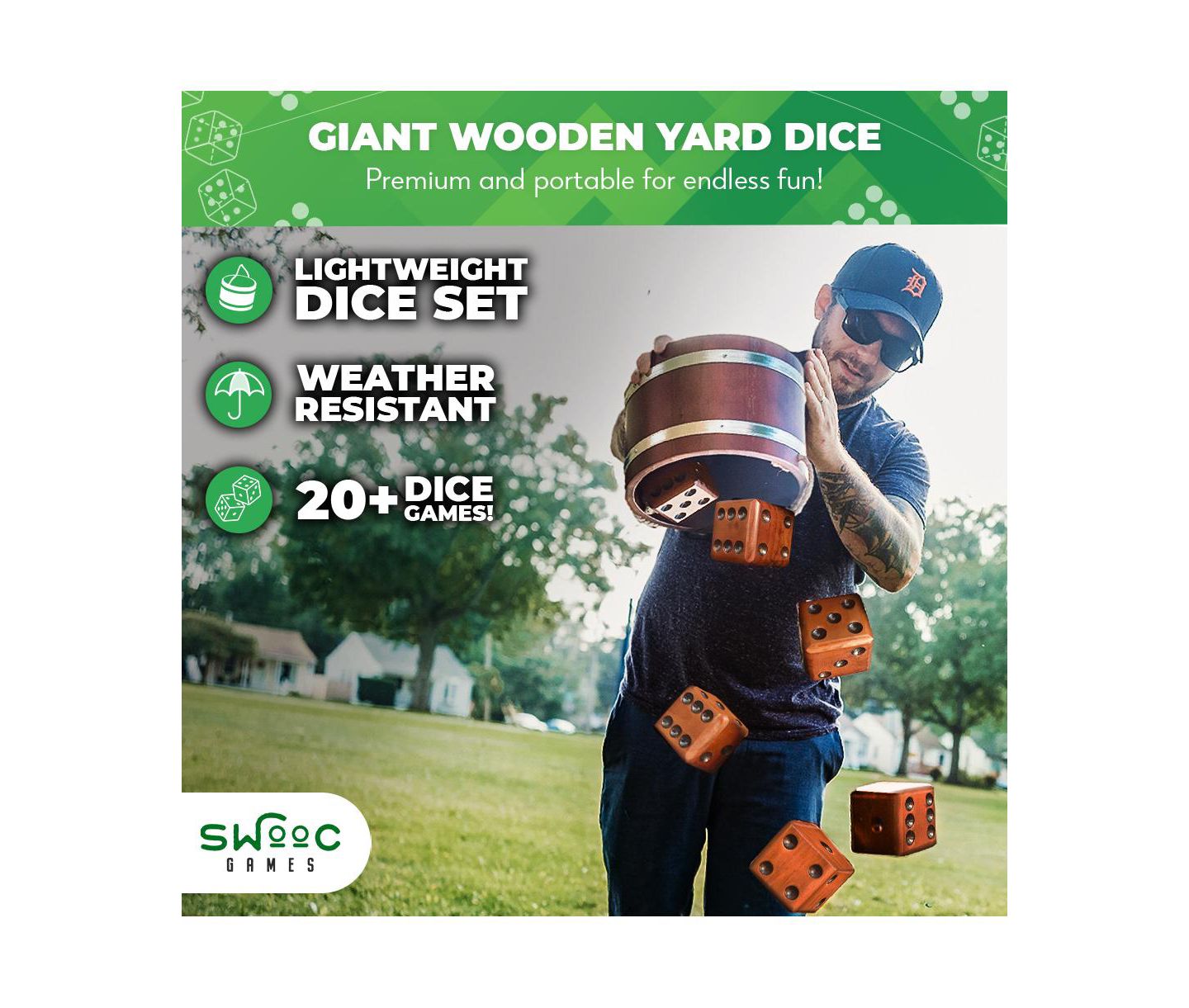 Детские игрушки SWOOC Yardzee, Farkle, & 20+ Games Giant Wood Weather-Resistant Yard Dice Set (6 Dice), Ages 6+ — фото 3