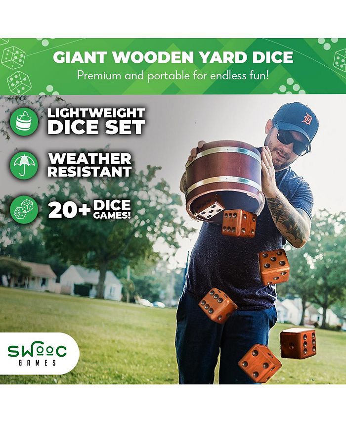 SWOOC - Yardzee, Farkle & 20  Games - Light-Weight Yard Dice Game Set (All Weather) with Wood Bucket, 5 Score Cards, and Marker