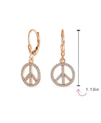 Message World Peace Sign Symbol Cubic Zirconia Pave CZ Lever back Drop Dangle Earrings Rose Gold Plated .925 Sterling Silver