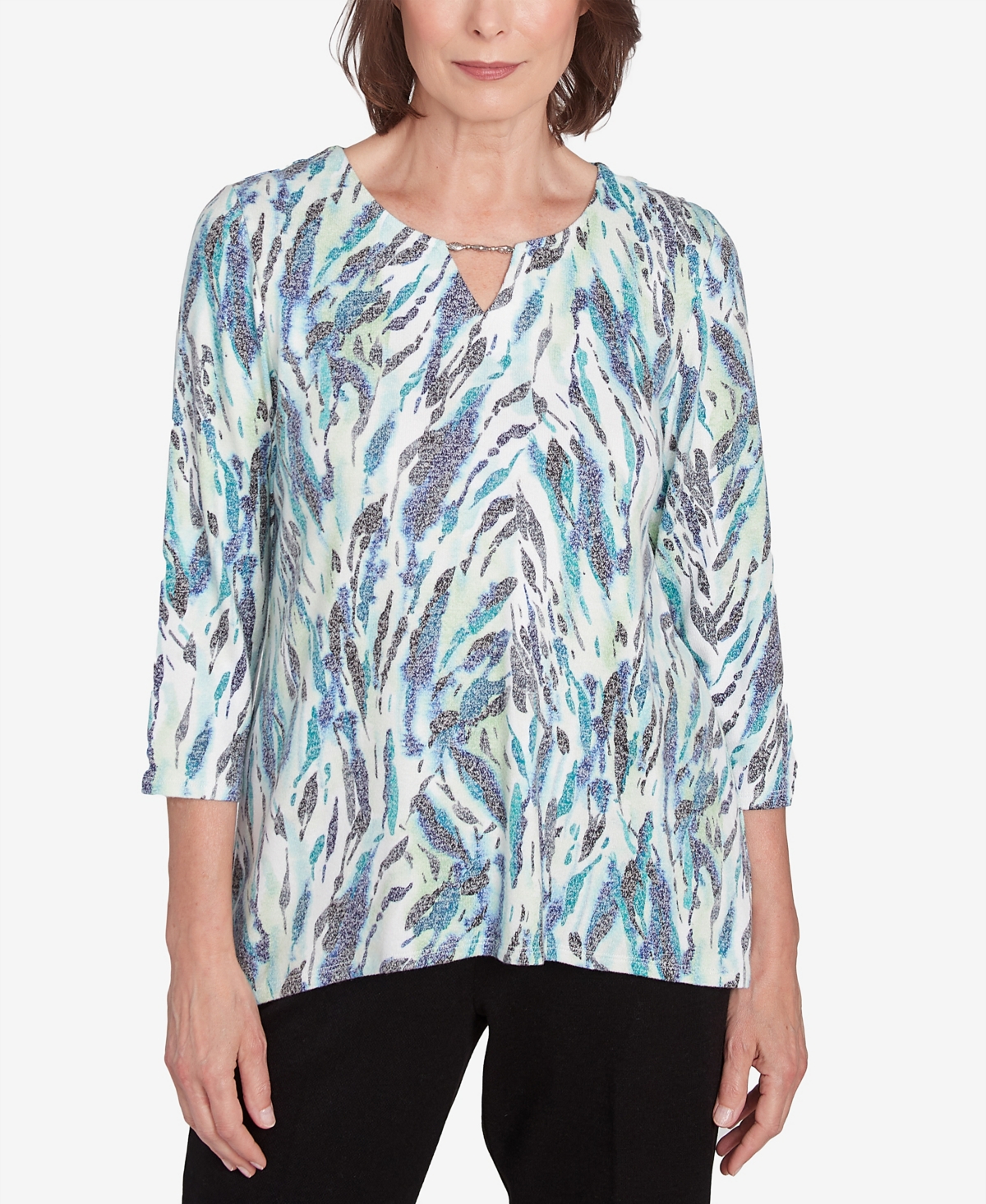 Alfred Dunner Plus Size French Quarter Teal Animal Print Split Neck Top In Multi Green